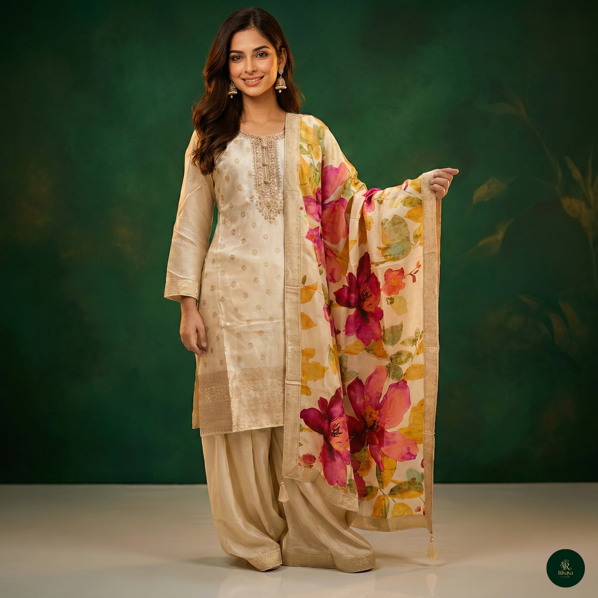 Ivory Floral Kurta Set with Printed Dupatta