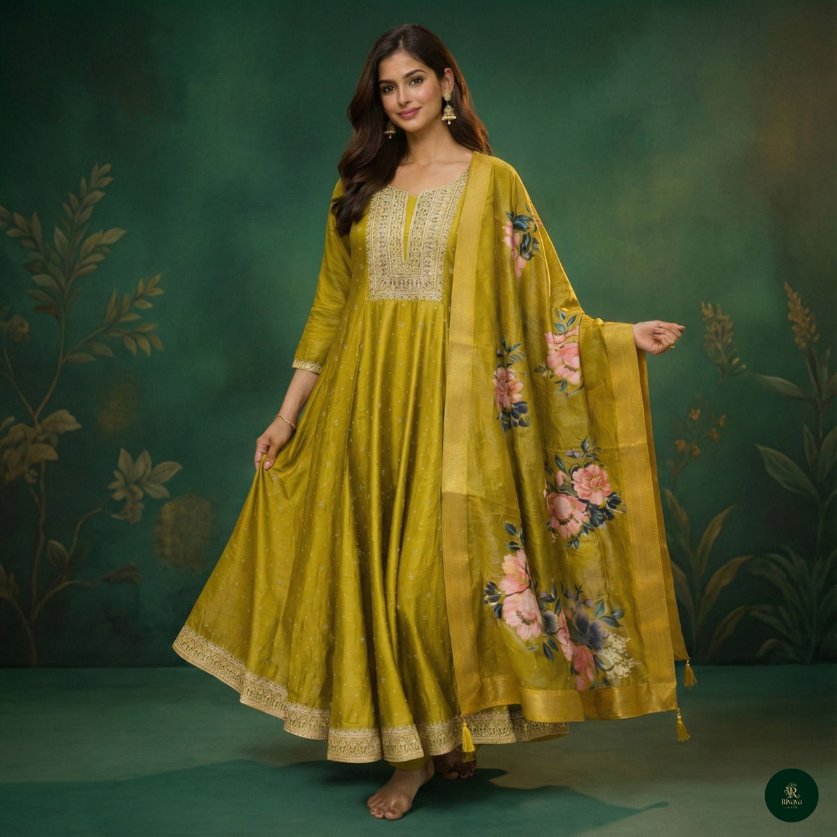 Zariya Bloom Olive Anarkali with Floral Printed Dupatta