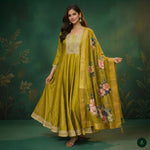 Zariya Bloom Olive Anarkali with Floral Printed Dupatta