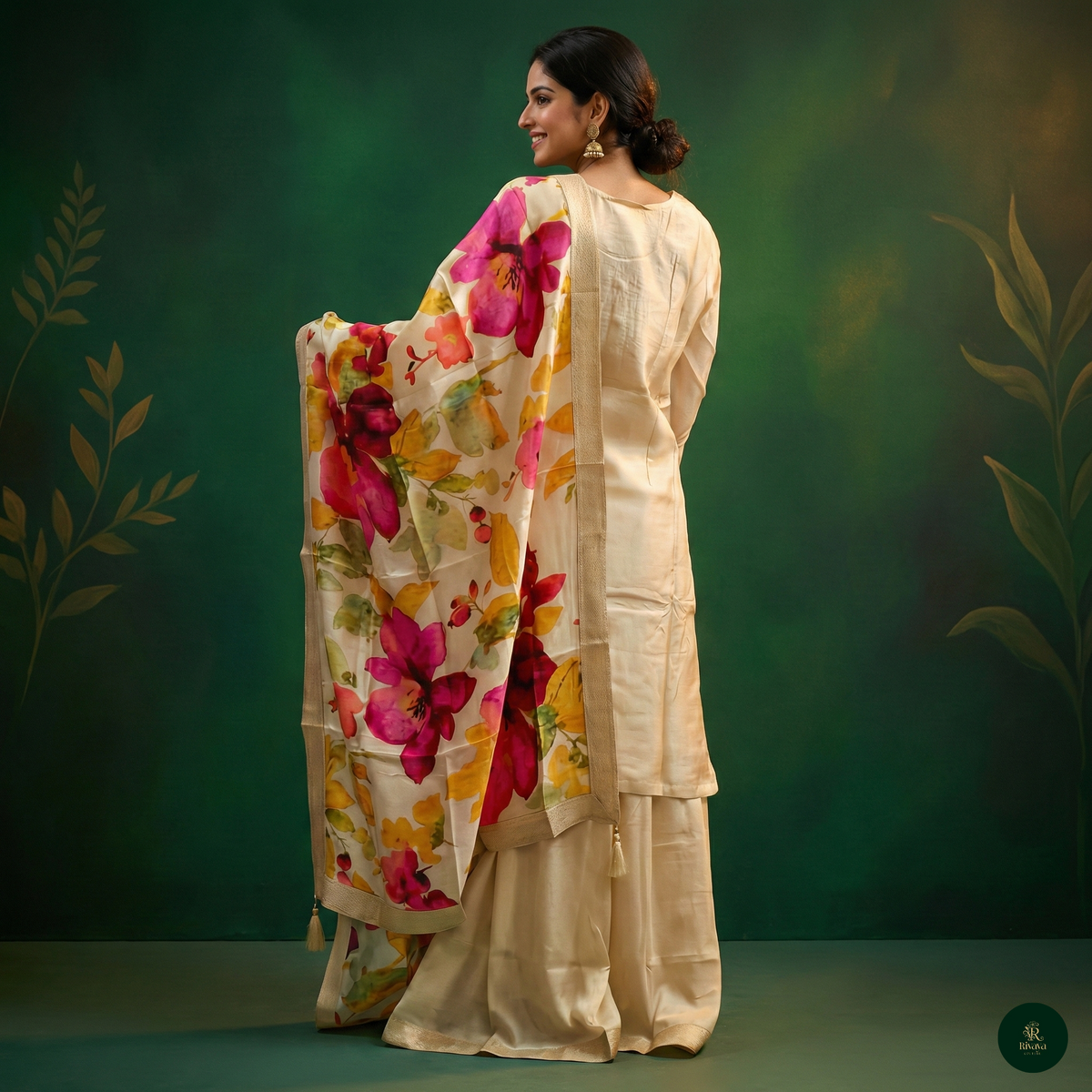 Ivory Floral Kurta Set with Printed Dupatta