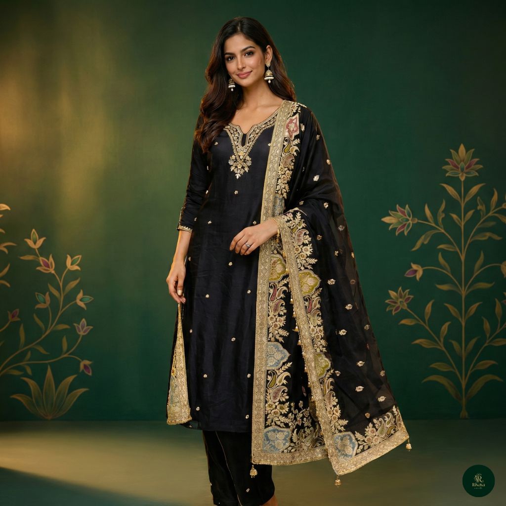 Black Embroidered Kurta Set with Statement Dupatta