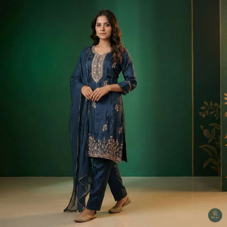 Deep Teal Embroidered Kurta Set with Dupatta
