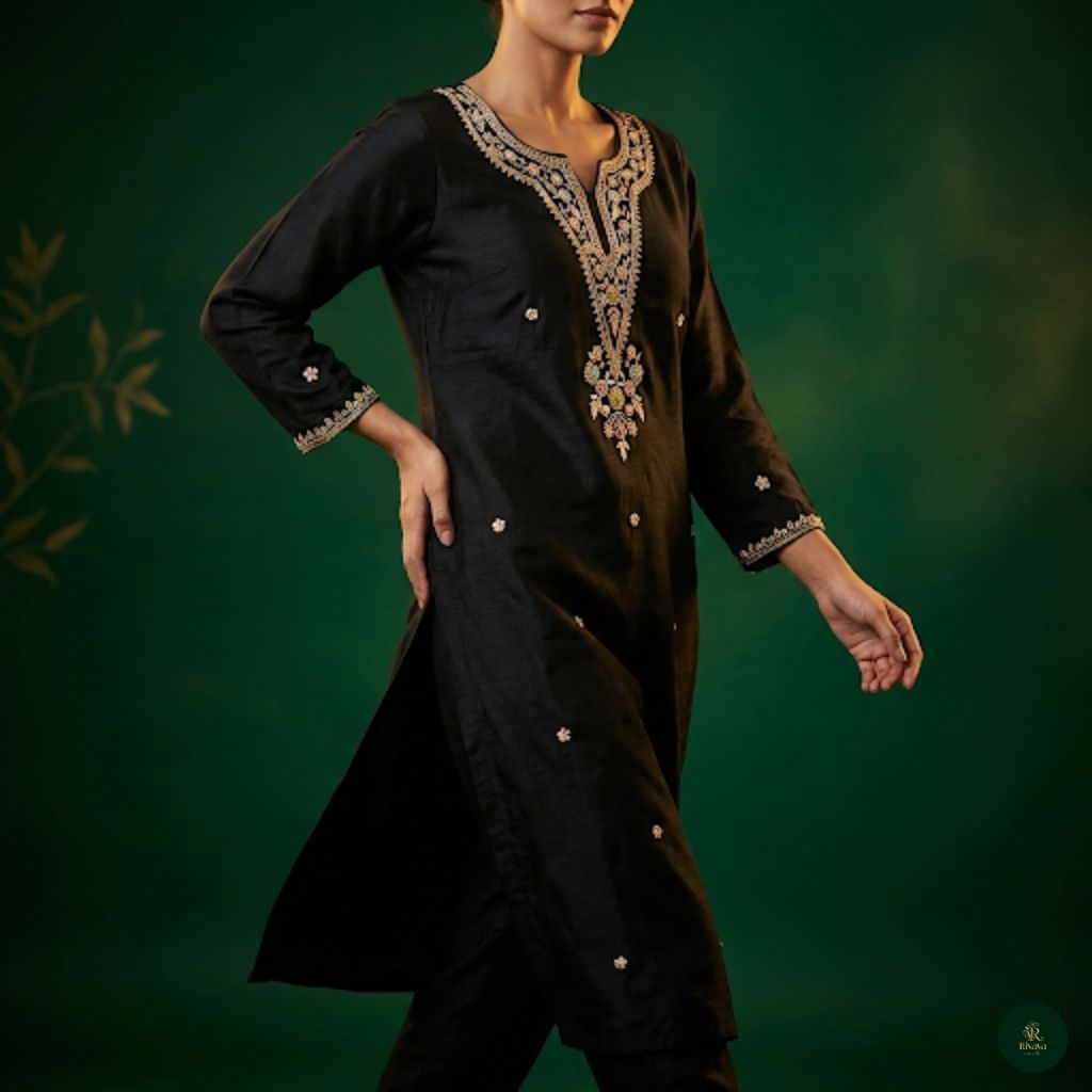 Black Embroidered Kurta Set with Statement Dupatta